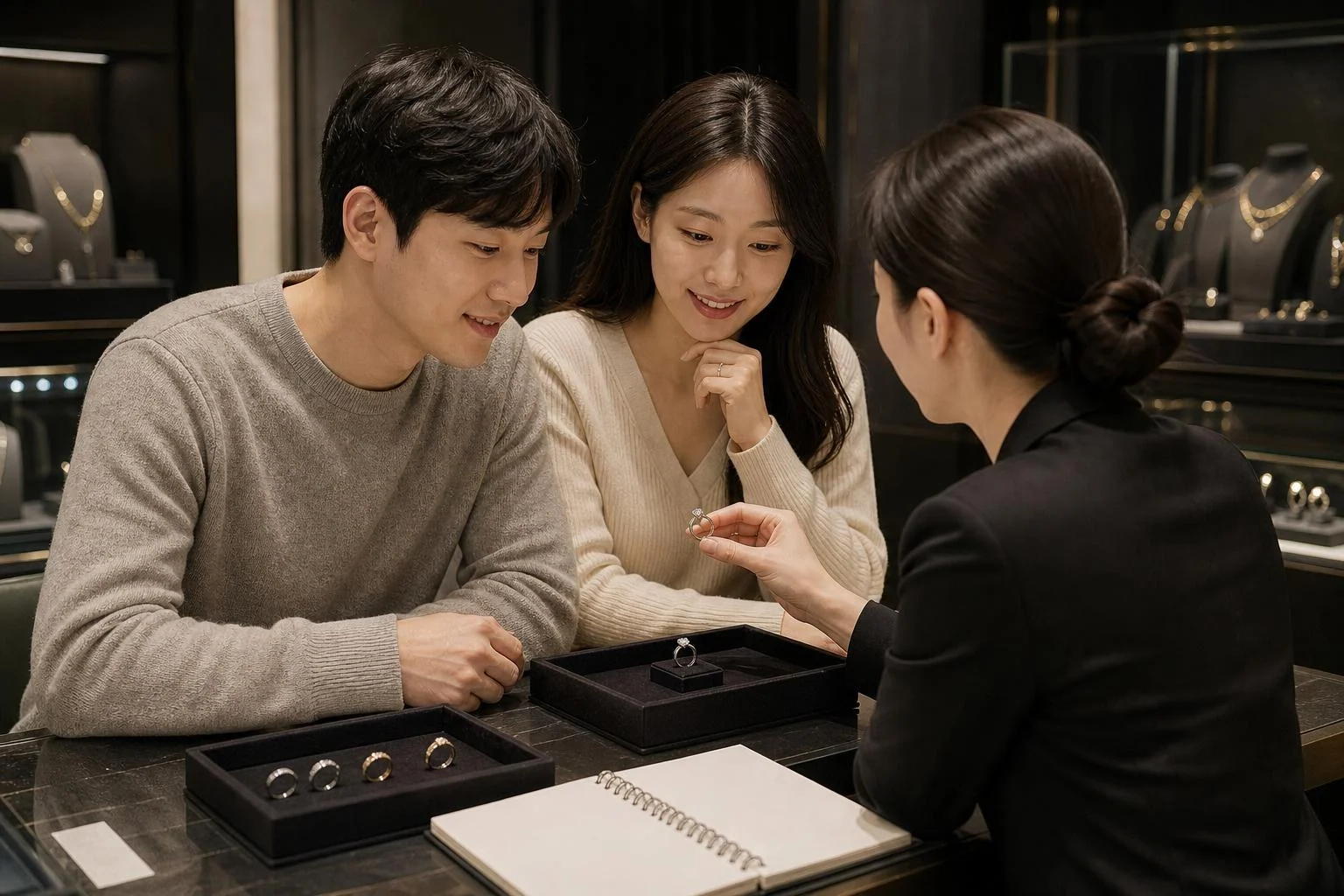 종로 귀금속 매장에서 결혼예물 반지와 보석을 상담하는 커플