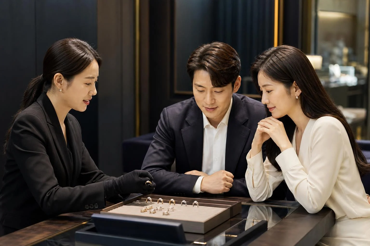 결혼식용 반지와 일상 착용용 반지를 나누어 살펴보는 상담 장면